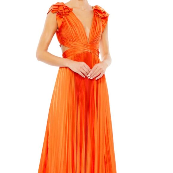 MAC DUGGAL 26729 PLEATED RUFFLE CAP SLEEVE CUTOUT LACE UP SUNSET GOWN sz 0 - Picture 1 of 7